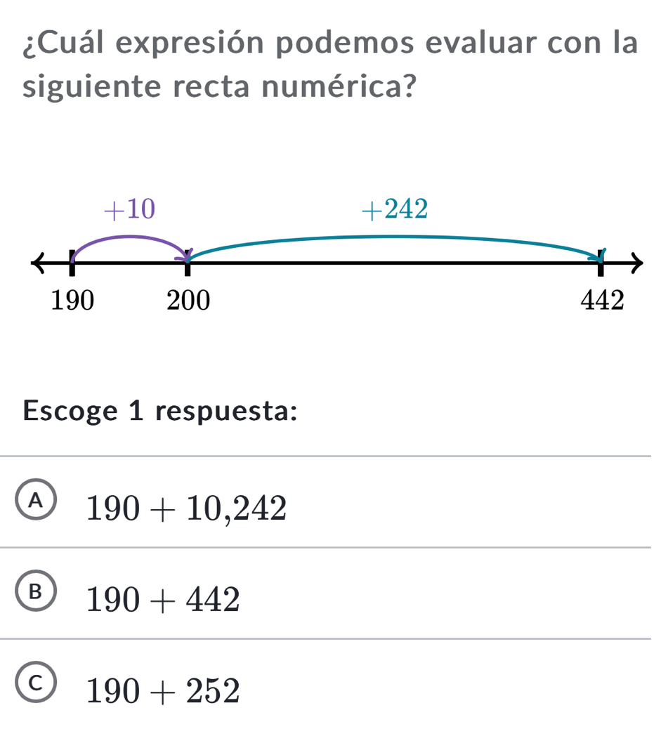 ¿Cuál expresión podemos evaluar con la
siguiente recta numérica?
+10 +242
190 200 442
Escoge 1 respuesta:
A 190+10,242
B 190+442
C 190+252