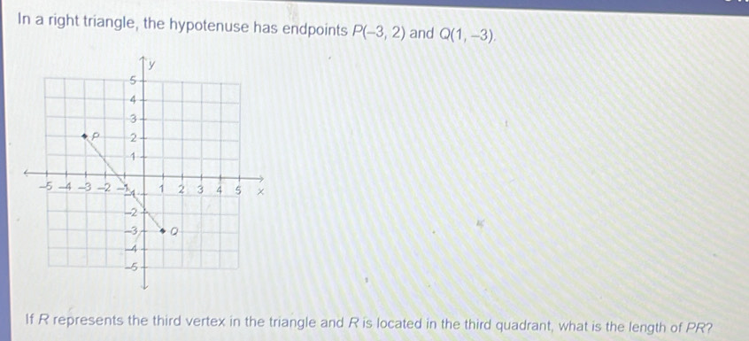 In a right triangle, the hypotenuse has endpoints P(-3,2) and Q(1,-3). 
If R represents the third vertex in the triangle and R is located in the third quadrant, what is the length of PR?