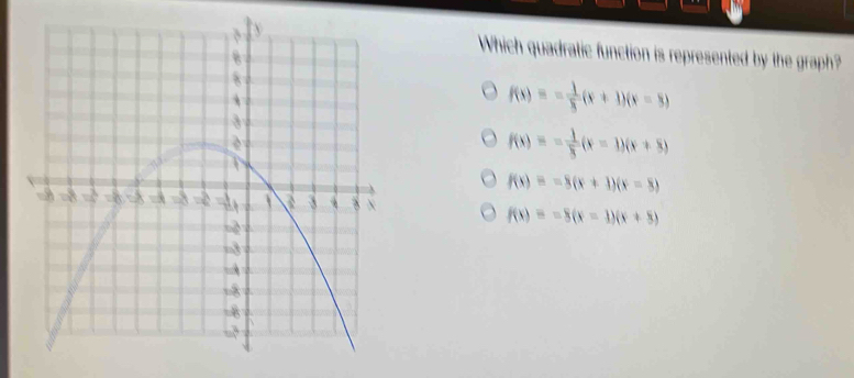 Which quadratic function is represented by the graph?
f(x)=- 1/8 (x+1)(x-8)
f(x)=- 1/8 (x-1)(x+8)
f(x)=-8(x+1)(x-8)
f(x)=-8(x-1)(x+8)