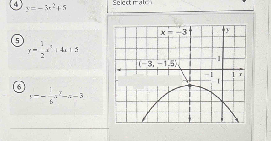 4 y=-3x^2+5
Select match
5 y= 1/2 x^2+4x+5
6 y=- 1/6 x^2-x-3