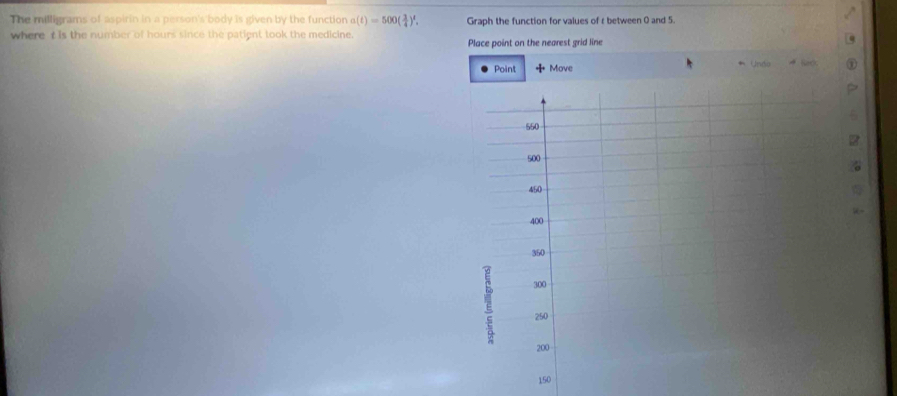 The milligrams of aspirin in a person's body is given by the function a(t)=500( 3/4 )^t. Graph the function for values of r between 0 and 5. 
where't is the number of hours since the patient took the medicine 
Place point on the nearest grid line 
Point + Move Undo Back
150