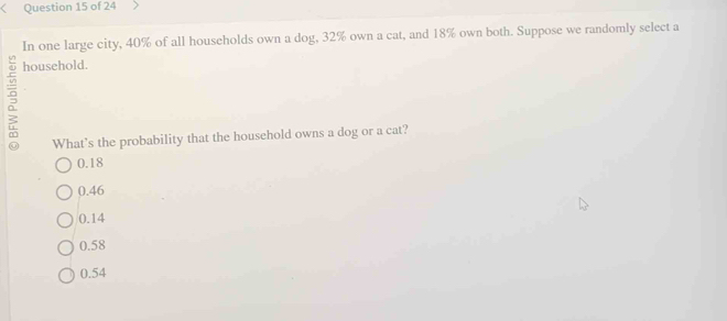 In one large city, 40% of all households own a dog, 32% own a cat, and 18% own both. Suppose we randomly select a
2
household.
What's the probability that the household owns a dog or a cat?
0.18
0.46
0.14
0.58
0.54