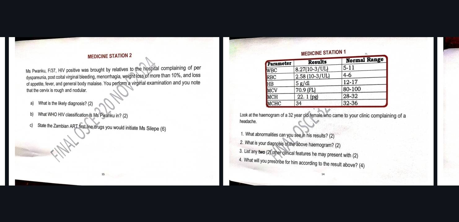 MEDICINE STATION 2 
ICINE STATION 1 
Ms Pwanku, F/37, HIV positive was brought by relatives to the hospital complaining of per 
dyspareunia, post coital virginal bleeding, menorrhagia, weight loss of more than 10%, and loss 
of appetite, fever, and general body malaise. You perform a virginal examination and you note 
that the cervix is rough and nodular. 
a) What is the likely diagnosis? (2) 
b) What WHO HIV classification is Ms Pwanku in? (2) Look at the haemogram of a 32 year old female who came to your clinic complaining of a 
headache. 
c) State the Zambian ART first line drugs you would initiate Ms Silepe (6) 1. What abnormalities can you see in his results? (2) 
2. What is your diagnosis of the above haemogram? (2) 
3. List any two (2) other clinical features he may present with (2) 
4. What will you prescribe for him according to the result above? (4)
15
14