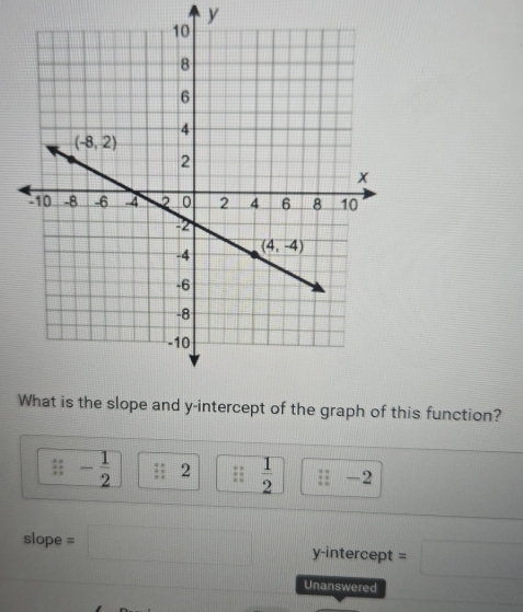 ercept of the graph of this function?
- 1/2  + 2  1/2  -2
slope = y-intercept  : 
Unanswered