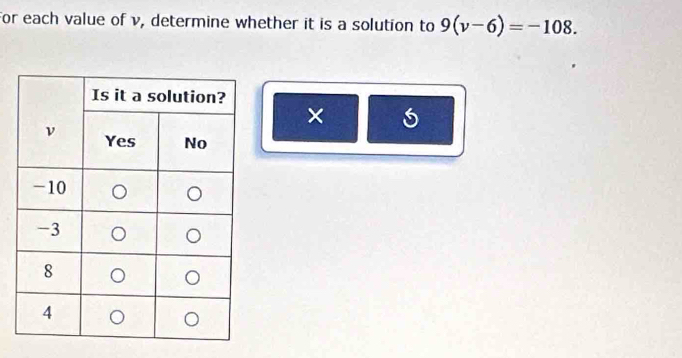 For each value of v, determine whether it is a solution to 9(v-6)=-108. 
×