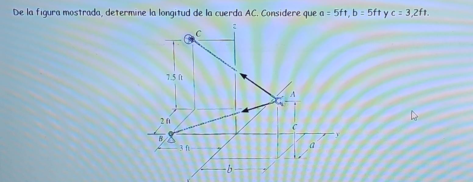 De la figura mostrada, determine la longitud de la cuerda AC. Considere que a=5ft, b=5ft y c=3,2ft.