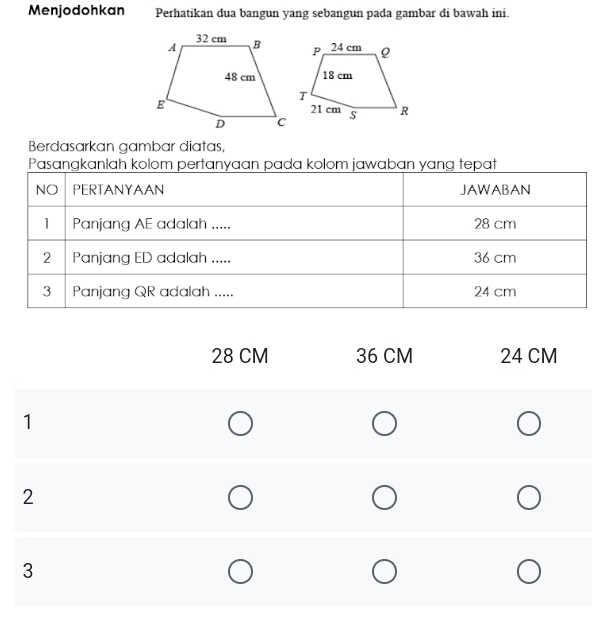Menjodohkan Perhatikan dua bangun yang sebangun pada gambar di bawah ini.
Berdasarkan gambar diatas,
28 CM 36 CM 24 CM
1
2
3