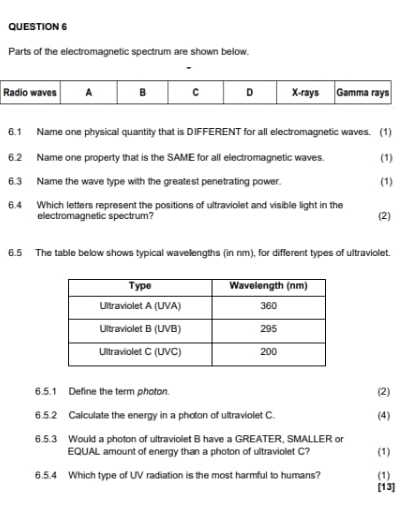 Parts of the electromagnetic spectrum are shown below. 
. 
6.1 Name one physical quantity that is DIFFERENT for all electromagnetic waves. (1) 
6.2 Name one property that is the SAME for all electromagnetic waves. (1) 
6.3 Name the wave type with the greatest penetrating power. (1) 
6.4 Which letters represent the positions of ultraviolet and visible light in the (2) 
electromagnetic spectrum? 
6.5 The table below shows typical wavellengths (in nm), for different types of ultraviolet. 
6.5.1 Define the term photon. (2) 
6.5.2 Calculate the energy in a photon of ultraviolet C. (4) 
6.5.3 Would a photon of ultraviolet B have a GREATER, SMALLER or 
EQUAL amount of energy than a photon of ultraviolet C? (1) 
6.5.4 Which type of UV radiation is the most harmful to humans? (1) 
[13]