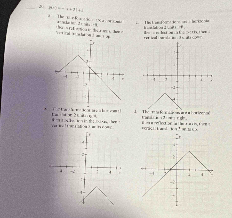 20, g(x)=-|x+2|+3
a The transformations are a horizontal c. The transformations are a horizontal
translation 2 units left,
translation 2 units left,
then a reflection in the x-axis, then a then a reflection in the x-axis, then a
vertical translation 3 units up
vertical translation 3 units down.

b. The transformations are a horizontal d The transformations are a horizontal
translation 2 units right, translation 2 units right,
then a reflection in the x-axis, then a then a reflection in the x-axis, then a
vertical translation 3 units down. vertical translation 3 units up.