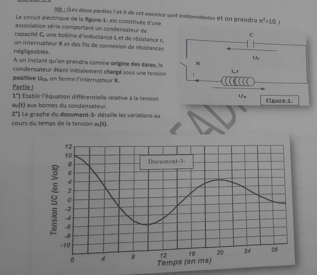 Nb : (Les deux porties I et II de cet exercice sont indépendontes et on prendra π^2=10.)
Le circuit électrique de la figure-1- est constituée d'une
association série comportant un condensateur de
capacité C, une bobine d'inductance L et de résistance r,
un interrupteur K et des fils de connexion de résistances
négligeables.
A un instant qu'on prendra comme origine des dates, le
condensateur étant initialement chargé sous une tension 
positive Uc, on ferme l'interrupteur K.
Partie I
1°) Etablir l'équation différentielle relative à la tension
u_c(t) aux bornes du condensateur.
2°) Le graphe du document-3- détaille les variations au
cours du temps de la tension uc(t).