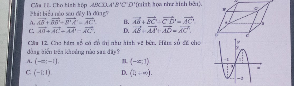 Cho hình hộp ABCD. A'B'C'D' (minh họa như hình bên).
Phát biểu nào sau đây là đúng?
A. vector AB+vector BB'+vector B'A'=vector AC'. B. vector AB+vector BC'+vector C'D'=vector AC'.
C. vector AB+vector AC+vector AA'=vector AC'. D. vector AB+vector AA'+vector AD=vector AC'.
Câu 12. Cho hàm số có đồ thị như hình vẽ bên. Hàm số đã cho
đồng biến trên khoảng nào sau đây?
A. (-∈fty ;-1). B. (-∈fty ;1).
C. (-I;1). D. (1;+∈fty ).