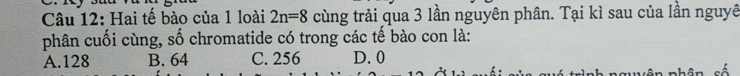 Hai tế bào của 1 loài 2n=8 cùng trải qua 3 lần nguyên phân. Tại kì sau của lần nguyê
phân cuối cùng, số chromatide có trong các tế bào con là:
A. 128 B. 64 C. 256 D. 0