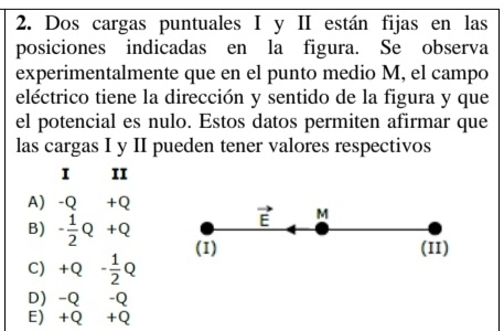 Dos cargas puntuales I y II están fijas en las
posiciones indicadas en la figura. Se observa
experimentalmente que en el punto medio M, el campo
eléctrico tiene la dirección y sentido de la figura y que
el potencial es nulo. Estos datos permiten afirmar que
las cargas I y II pueden tener valores respectivos
I II
A) -Q+Q
B) - 1/2 Q+Q
vector E M
C) +Q- 1/2 Q (I)
(II)
D) -Q-Q
E) +Q+Q