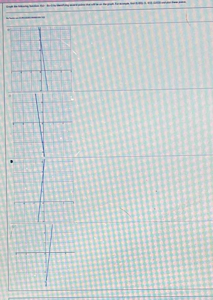 Gragh the following fanction: f(x)- -6x+3 by idensifying several poinss that will be on the graph. For example, fnd [0,/]0]) (1, f(1]). (3,/[3)) and plot these points. 
fr hmbe wan i PESIONG AA SO