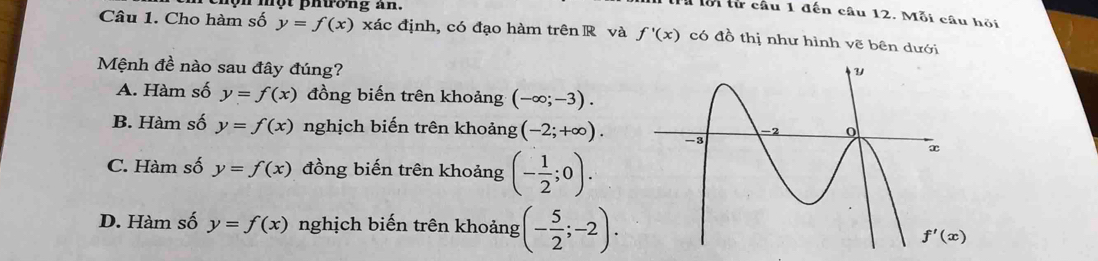 một phuong an.
l lối từ câu 1 đến câu 12. Mỗi câu hỏi
Câu 1. Cho hàm số y=f(x) xác định, có đạo hàm trên R và f'(x) có đồ thị như hình vẽ bên dưới
Mệnh đề nào sau đây đúng?
A. Hàm số y=f(x) đồng biến trên khoảng (-∈fty ;-3).
B. Hàm số y=f(x) nghịch biến trên khoảng (-2;+∈fty ).
C. Hàm số y=f(x) đồng biến trên khoảng (- 1/2 ;0).
D. Hàm số y=f(x) nghịch biến trên khoảng (- 5/2 ;-2).