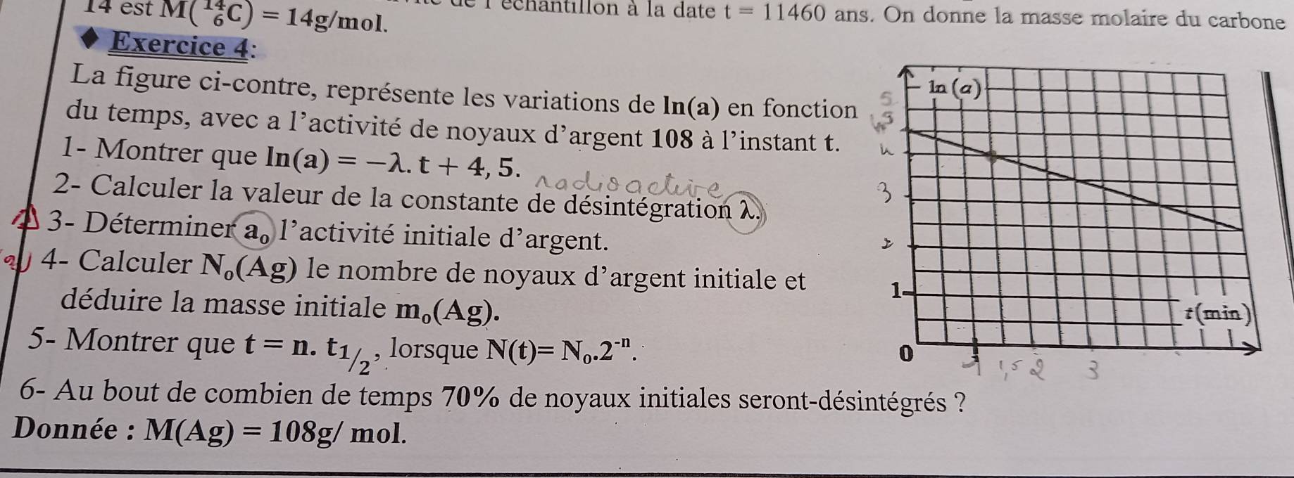 est M(_6^((14)C)=14g/mol. de l'échantillon à la date t=11460 ans s. On donne la masse molaire du carbone 
Exercice 4: 
La figure ci-contre, représente les variations de ln (a) en fonction 
du temps, avec a l'activité de noyaux d'argent 108 à l'instant t. 
1- Montrer que ln (a)=-lambda .t+4,5. 
2- Calculer la valeur de la constante de désintégration 2. 
1 3- Déterminer a_0)1^(, activité initiale d' argent. 
4- Calculer N_o)(Ag) le nombre de noyaux d’argent initiale et 
déduire la masse initiale m_0(Ag). 
5- Montrer que t=n.t_1/2 lorsque N(t)=N_0.2^(-n). 
6- Au bout de combien de temps 70% de noyaux initiales seront-désintégrés ? 
Donnée : M(Ag)=108g/mol.