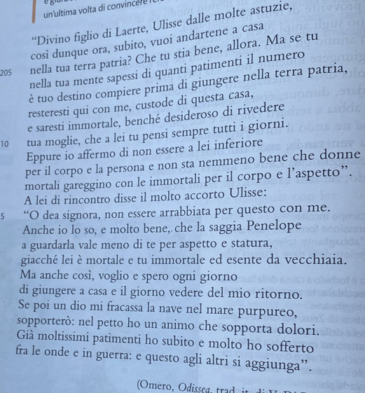 un ultima v olta di convince 
“Divino figlio di Laerte, Ulisse dalle molte astuzie, 
così dunque ora, subito, vuoi andartene a casa 
205 nella tua terra patria? Che tu stia bene, allora. Ma se tu 
nella tua mente sapessi di quanti patimenti il numero 
è tuo destino compiere prima di giungere nella terra patria, 
resteresti qui con me, custode di questa casa, 
e saresti immortale, benché desideroso di rivedere
10 tua moglie, che a lei tu pensi sempre tutti i giorni. 
Eppure io affermo di non essere a lei inferiore 
per il corpo e la persona e non sta nemmeno bene che donne 
mortali gareggino con le immortali per il corpo e l’aspetto”. 
A lei di rincontro disse il molto accorto Ulisse: 
5 “O dea signora, non essere arrabbiata per questo con me. 
Anche io lo so, e molto bene, che la saggia Penelope 
a guardarla vale meno di te per aspetto e statura, 
giacché lei è mortale e tu immortale ed esente da vecchiaia. 
Ma anche cosí, voglio e spero ogni giorno 
di giungere a casa e il giorno vedere del mio ritorno. 
Se poi un dio mi fracassa la nave nel mare purpureo, 
sopporterò: nel petto ho un animo che sopporta dolori. 
Già moltissimi patimenti ho subito e molto ho sofferto 
fra le onde e in guerra: e questo agli altri si aggiunga”.