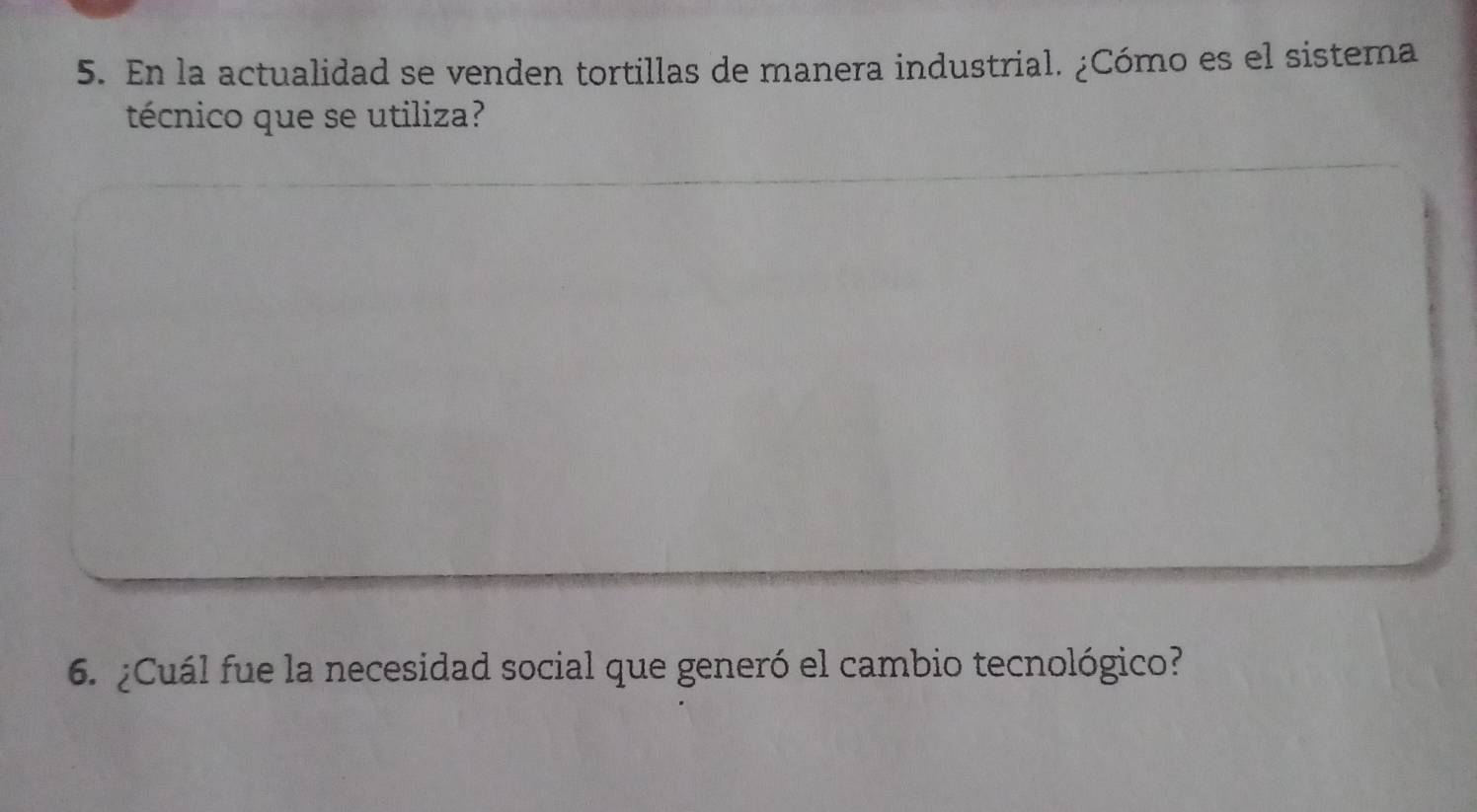 En la actualidad se venden tortillas de manera industrial. ¿Cómo es el sistema 
técnico que se utiliza? 
6. ¿Cuál fue la necesidad social que generó el cambio tecnológico?