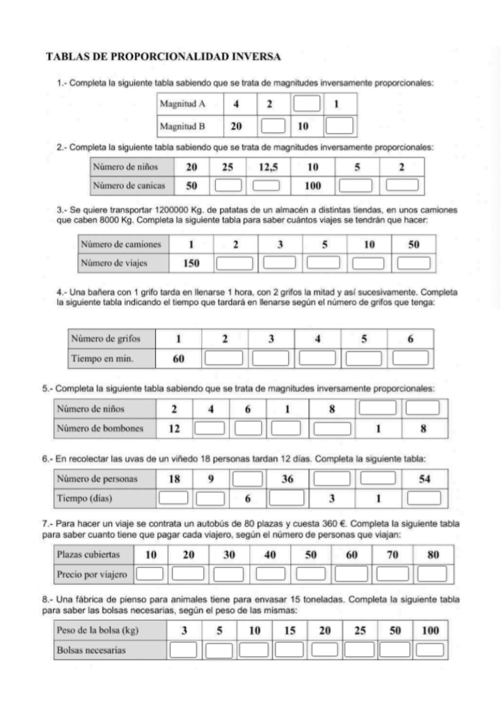Resuelto:TABLAS DE PROPORCIONALIDAD INVERSA 1.- Completa la siguiente ...