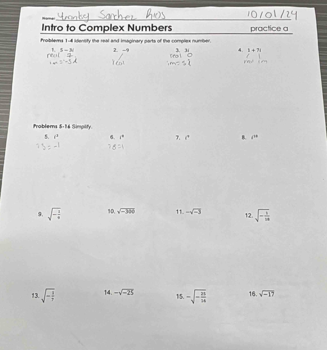Solved: Name_ Intro to Complex Numbers practice a Problems 1-4 Identify ...
