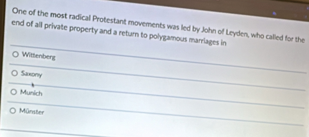 One of the most radical Protestant movements was led by John of Leyden, who called for the
end of all private property and a return to polygamous marriages in
Wittenberg
Saxony
Munich
Münster