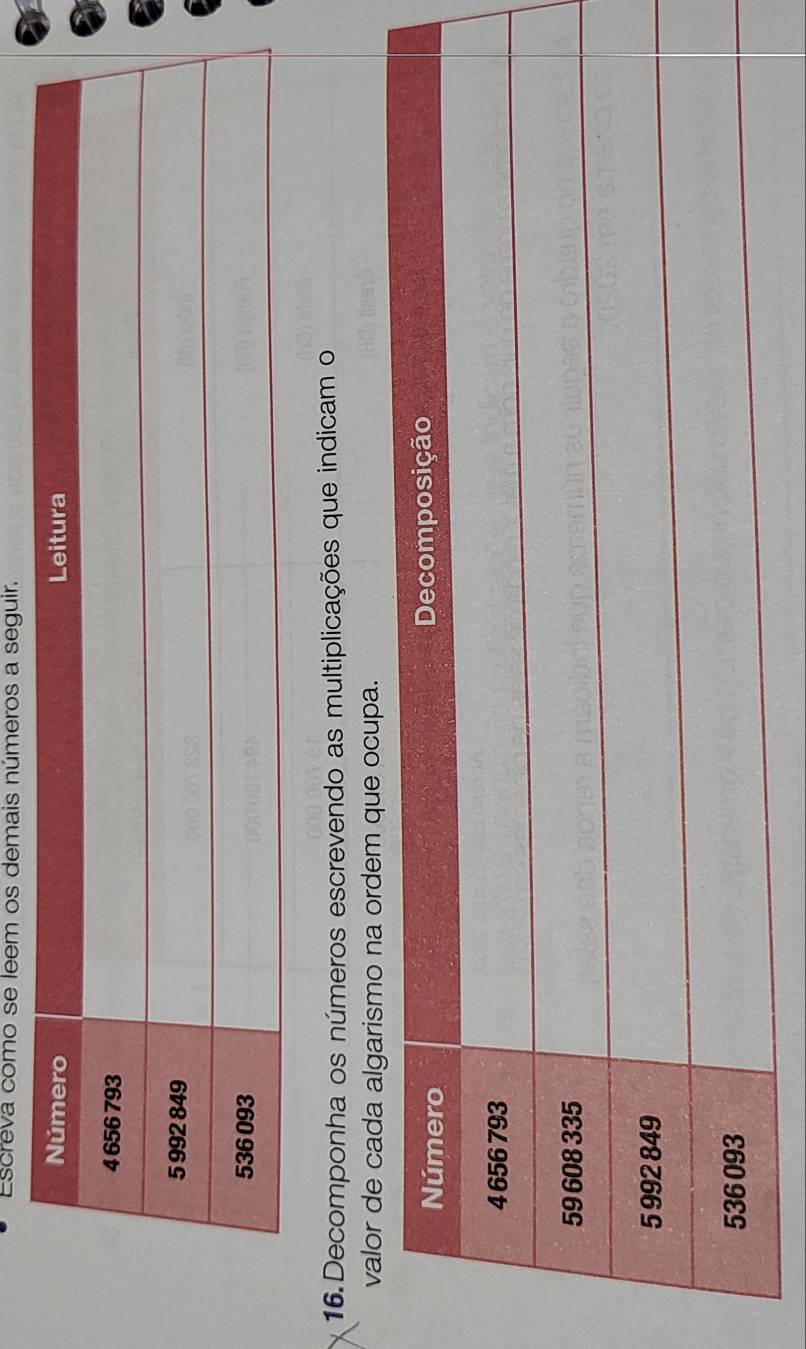 Escreva como se leem os demais números a seguir. 
16.Decomponha os números escrevendo as multiplicações que indicam o 
valor dna ordem que ocupa.