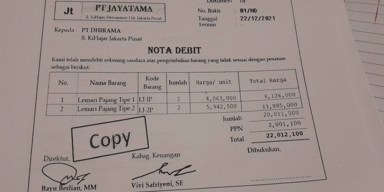 Jt PT JAYATAMA No. Bukti ： 01/ND 
JL KiHajar Dewantoro 114, Jakarta Pusat Tanggal 22/12/2021 
Termin 
Kepada : PT DHIRAMA 
Jl. KiHajar Jakarta Pusat 
NOTA DEBIT 
Kami telah mendebit rekening saudara atas pengembalian barang yang tidak sesuai dengan pesanan 
Jumlah 
PPN
2,001,100
Copy 
Total 22, 012 , 100
Direktur, Kabag. Keuangan Dibukukan, 
Bayu Berlian, MM Vivi Safriyeni, SE