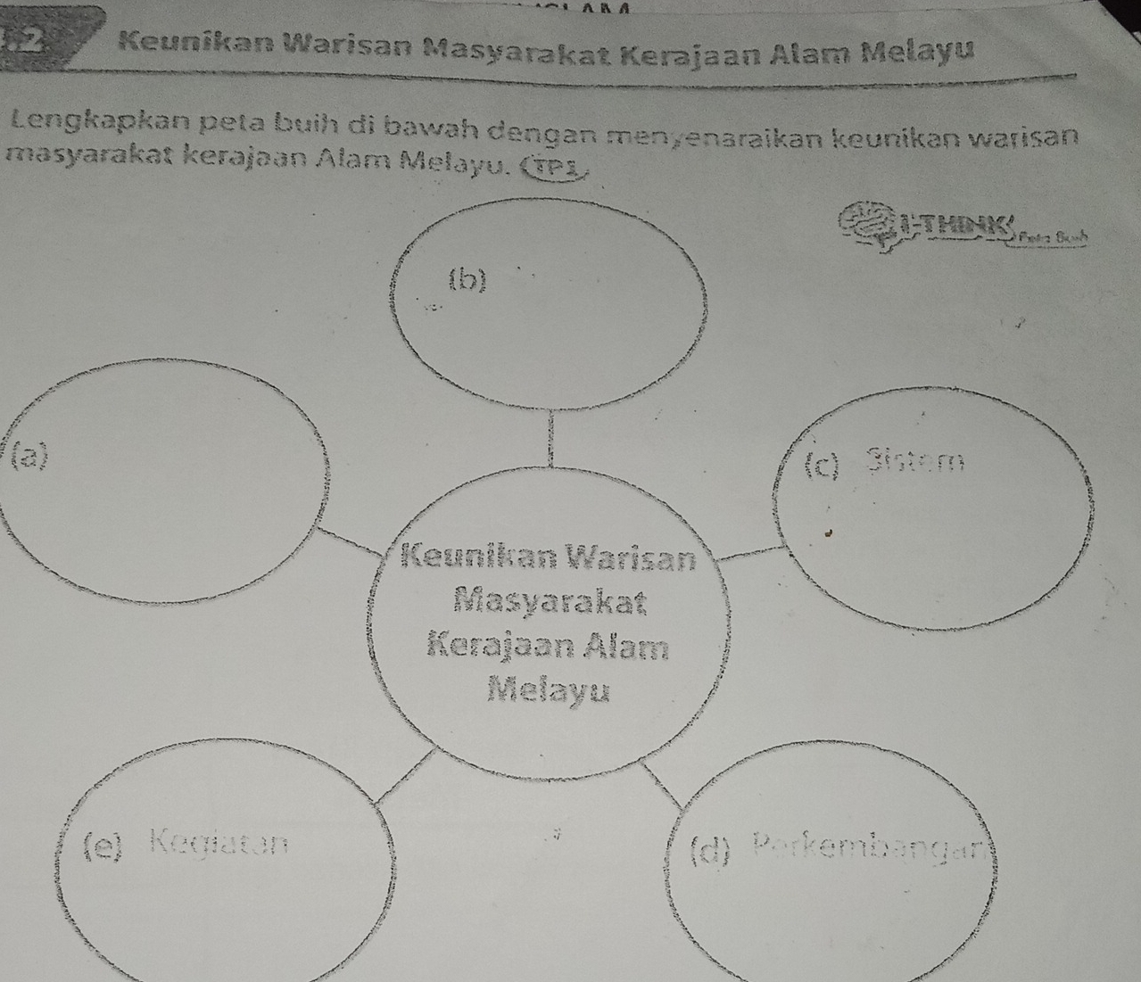 .2 Keuníkan Warisan Masyarakat Kerajaan Alam Melayu 
Lengkapkan peta buih di bawah dengan menyenaraikan keunikan warisan 
masyarakat kerajaan Alam Melayu. (P1) 
(a)