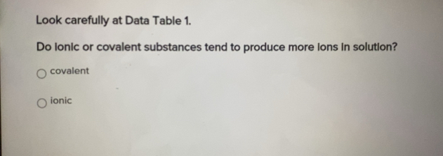 Solved: Look carefully at Data Table 1. Do Ionic or covalent substances ...
