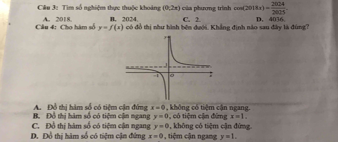 Tìm số nghiệm thực thuộc khoảng (0;2π ) của phương trình cos (2018x)= 2024/2025 .
A. 2018. B. 2024. C. 2. D. 4036.
Câu 4: Cho hàm số y=f(x) có đồ thị như hình bên dưới. Khẳng định nào sau đây là đúng?
A. Đồ thị hàm shat o ó cận đứng x=0 , không có tiệm cận ngang.
B. Đồ thị hàm số có tiệm cận ngang y=0 , có tiệm cận đứng x=1.
C. Đồ thị hàm số có tiệm cận ngang y=0 , không có tiệm cận đứng.
D. Dhat o thị hàm số có tiệm cận đứng x=0 , tiệm cận ngang y=1.