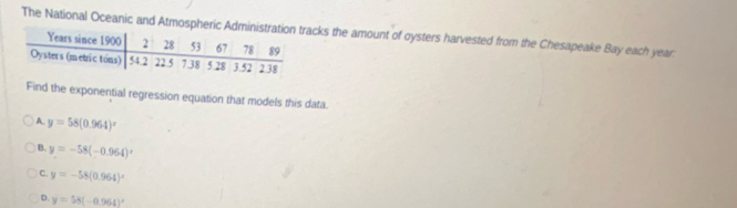 The National Oceanic and Atmospheacks the amount of oysters harvested from the Chesapeake Bay each year.
Find the exponential regression equation that models this data.
A. y=58(0.964)^x
B. y=-58(-0.964)^circ 
C. y=-58(0.964)^x
D. y=55(-0.964)^x