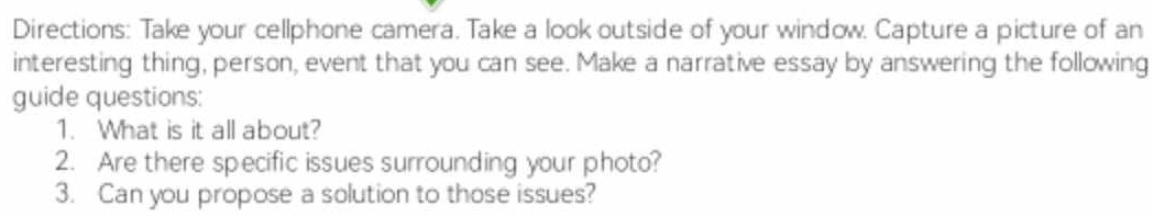 Directions: Take your cellphone camera. Take a look outside of your window. Capture a picture of an 
interesting thing, person, event that you can see. Make a narrative essay by answering the following 
guide questions: 
1. What is it all about? 
2. Are there specific issues surrounding your photo? 
3. Can you propose a solution to those issues?