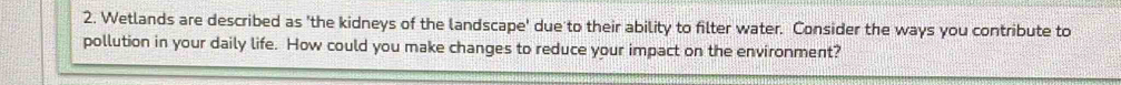 Wetlands are described as 'the kidneys of the landscape' due to their ability to filter water. Consider the ways you contribute to 
pollution in your daily life. How could you make changes to reduce your impact on the environment?