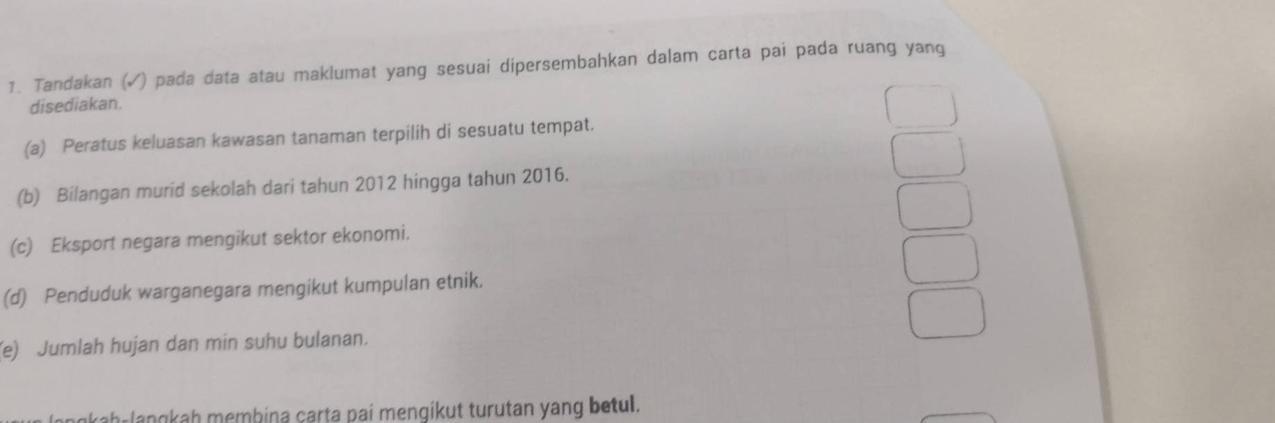 Tandakan (√) pada data atau maklumat yang sesuai dipersembahkan dalam carta pai pada ruang yang 
disediakan. 
(a) Peratus keluasan kawasan tanaman terpilih di sesuatu tempat. 
(b) Bilangan murid sekolah dari tahun 2012 hingga tahun 2016. 
(c) Eksport negara mengikut sektor ekonomi. 
(d) Penduduk warganegara mengikut kumpulan etnik. 
e) Jumlah hujan dan min suhu bulanan. 
angkah-langkah membina carta pai mengikut turutan yang betul.