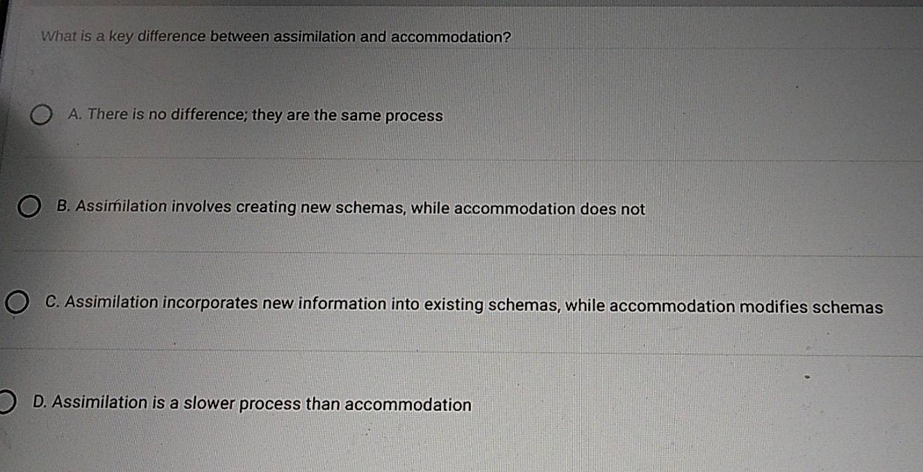 What is a key difference between assimilation and accommodation?
A. There is no difference; they are the same process
B. Assimilation involves creating new schemas, while accommodation does not
C. Assimilation incorporates new information into existing schemas, while accommodation modifies schemas
D. Assimilation is a slower process than accommodation