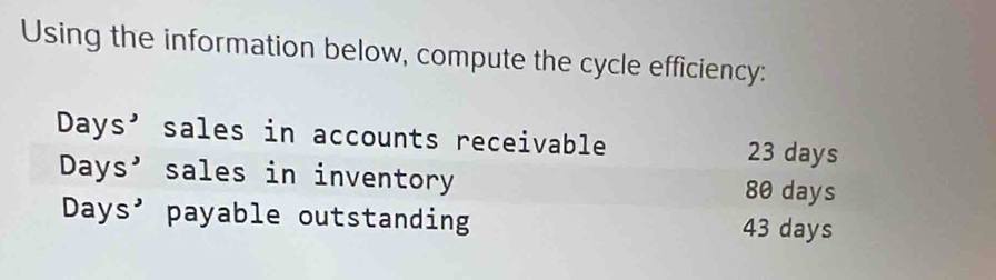 Using the information below, compute the cycle efficiency:
Days ’ sales in accounts receivable 23 days
Days ' sales in inventory 80 days
Days ’ payable outstanding 43 days