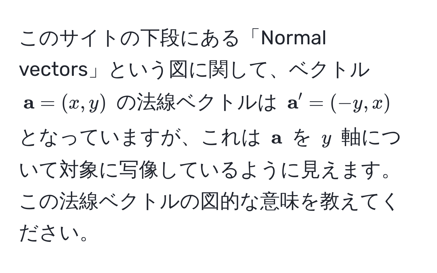 このサイトの下段にある「Normal vectors」という図に関して、ベクトル $ a=(x,y)$ の法線ベクトルは $ a'=(-y,x)$ となっていますが、これは $ a$ を $y$ 軸について対象に写像しているように見えます。この法線ベクトルの図的な意味を教えてください。