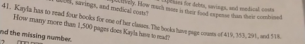 A penses for debts, savings, and medical costs 
dus, savings, and medical costs? pectively. How much more is their food expense than their combined 
41. Kayla has to read four books for one of her classes. The books have page counts of 419, 353, 291, and 518. 
How many more than 1,500 pages does Kayla have to read? 
nd the missing number.