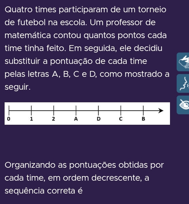 Quatro times participaram de um torneio 
de futebol na escola. Um professor de 
matemática contou quantos pontos cada 
time tinha feito. Em seguida, ele decidiu 
substituir a pontuação de cada time 
pelas letras A, B, C e D, como mostrado a 
seguir. 
Organizando as pontuações obtidas por 
cada time, em ordem decrescente, a 
sequência correta é