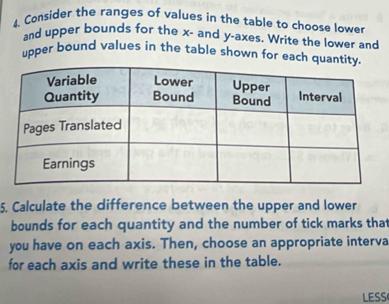 Consider the ranges of values in the table to choose lower 
and upper bounds for the x - and y -axes. Write the lower and 
upper bound values in the table shown for each quantity. 
5. Calculate the difference between the upper and lower 
bounds for each quantity and the number of tick marks that 
you have on each axis. Then, choose an appropriate interva 
for each axis and write these in the table. 
LESS