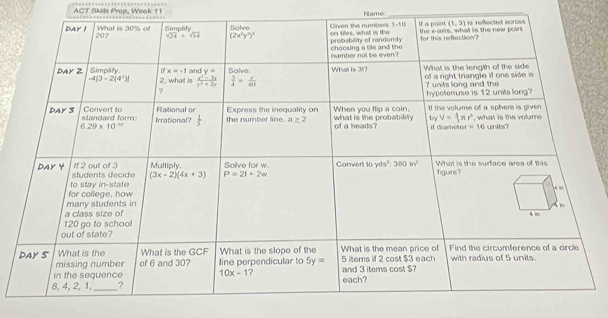 ACT Skills Prep, Week 11 Name:_