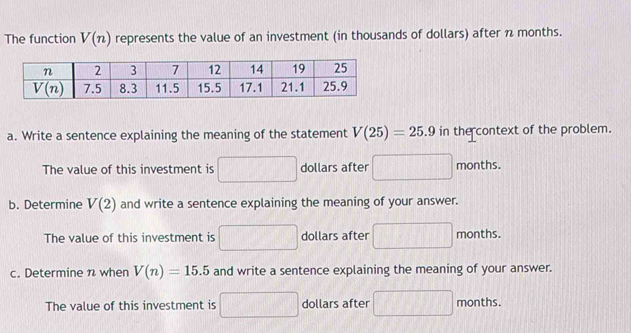 Solved: The function V(n) represents the value of an investment (in ...