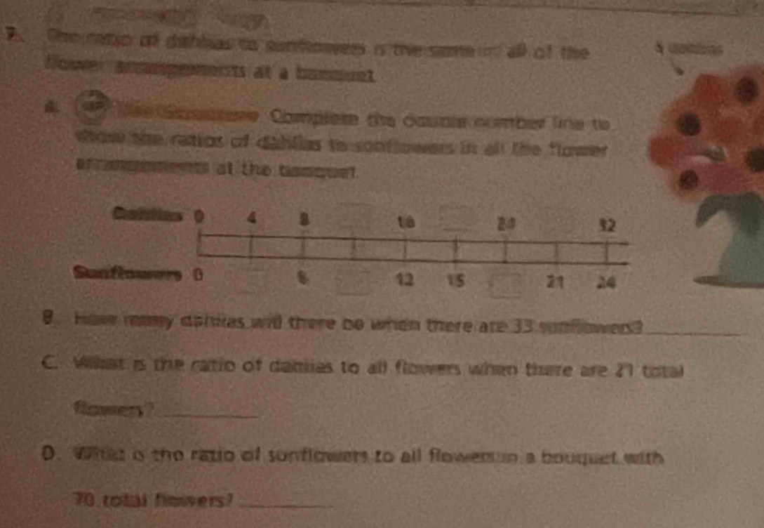 a 
P Chejratio of dablas to sunfowers i tive sane n al at the su 
Nower amangements at a bumoust 
a e Supssore. Complere the daubre nomber line to 
show the ratios of dahllas to sonflowers in all the flower 
ef anements at the banquet
4 a 
tú
2
32
0
12 15 21 24
0. How mamy dahlies wil there be when there are 33 sunflower? 
C. What is the ratio of damias to all flowers when there are 21 total 
Gawen ?_ 
D. What o the ratio of sonflowers to all flower n a bouquet with
70 total fimvers?_