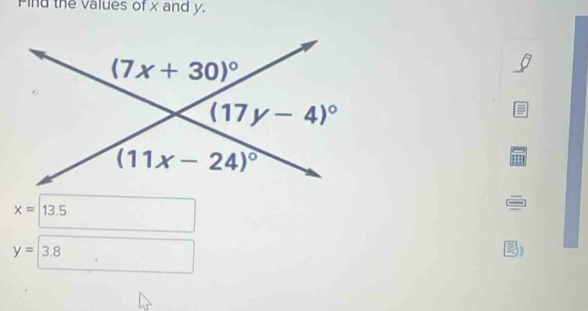 Find the values of x and y,
x=13.5
y=|3.8