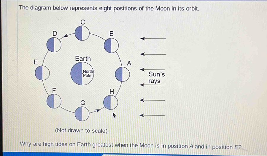 The diagram below represents eight positions of the Moon in its orbit. 
Sun's 
rays 
(Not drawn to scale) 
Why are high tides on Earth greatest when the Moon is in position A and in position E?