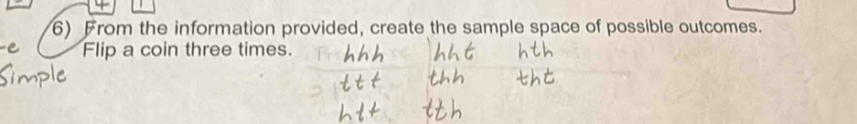 From the information provided, create the sample space of possible outcomes. 
Flip a coin three times.