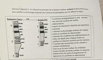 [Spoints 11. En utilisant les princiées de la datation relative, anarysez le document foursi 
pour justifier la chronologie proposée des événements géologiques qui ont affecté la régions 
Boulanouare (Quest) Boojeita (Est) 
La colonne stratigraphique à coté montre 
hố c h h sédimentaires une série de couches de roches 
r she i s 
à partir du document réponds aux questions sulvares 
d 1 donner la chronologie relative de chaque 
sbrate en justifiant ta réponse(1p 
wable a 
clcú 2-donner les conditions de sédimentation et 
E milleu de dépôt pour châque strate en 
justifiant ta réponse sachant que les calcaire 
E contient des ammonites et les calcaire c 
contient trilphite[1p 
3-est ce qu'on peut utiliser les trilobites 
comme fossiles de faciés justifier ta réponse. 
4-détermines les séries transgressives et 
D nlntn régressives en justifiant ta réponse(1p)