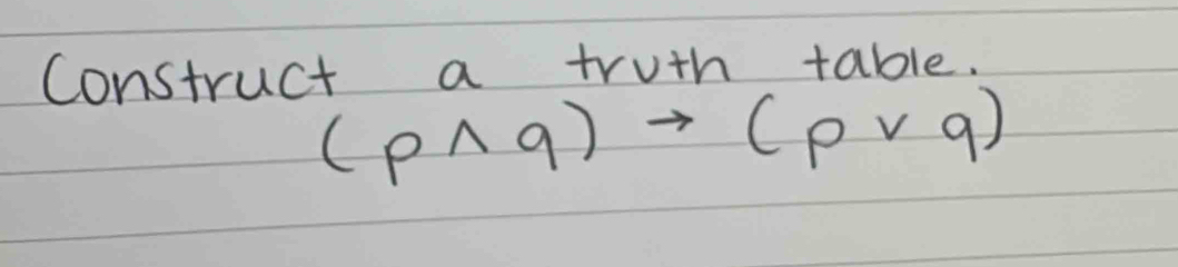 Construct a truth table.
(pwedge q)to (pvee q)