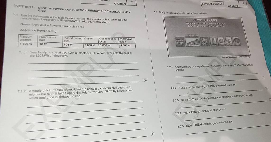 GRADE 9 Natural Sciencés 15 
GRADE 9 
QUESTION 7: COST OF POWER CONSUMPTION; ENERGY AND THE ELECTRICITY 7.2 Study Eskom's power atert advertsement below. 
GRID 
7.1 Use the information in the table below to answer the questions that follow. Use the POWER ALERT 
cost per unit of electricity of 90 cents/kWh in ALL your calculations. Wainiagl Elocvicy sobag 2 (go n 
Remember: Cost = Power x Time x Unit price Rudugo your pscticlly vsego now 
Appliance Power rating: 

OF 
a 
a cll 
7. 1.1 Your family has used 320 kWh of electricity this month. Calculate the cost of 
the 320 kWh of electricity. 
Cgblog.spg.con29 39729 
_ 
_ 
7.2.1 What seems to be the problem in the national electricity grid when this alort is 
shown? 
_ 
_ 
_(”) 
_(3) 
7. 1.2 A whole chicken takes about 1 hour to cook in a conventional oven. In a _(1) 
_ 
which appliance is cheaper to use. 7.2.2 If users are not following the alert; what will Eskom do? 
microwave oven it takes approximately 12 minutes. Show by calculations 
_ 
7.2.3 Namo ONE way in which consumers can reduce their electricity bill 
_ 
_ 
7.2.4 Name ONE advantage of solar power 
_ 
_ 
7.2.5 Name ONE disadvantage of solar power. 
_ 
(7)