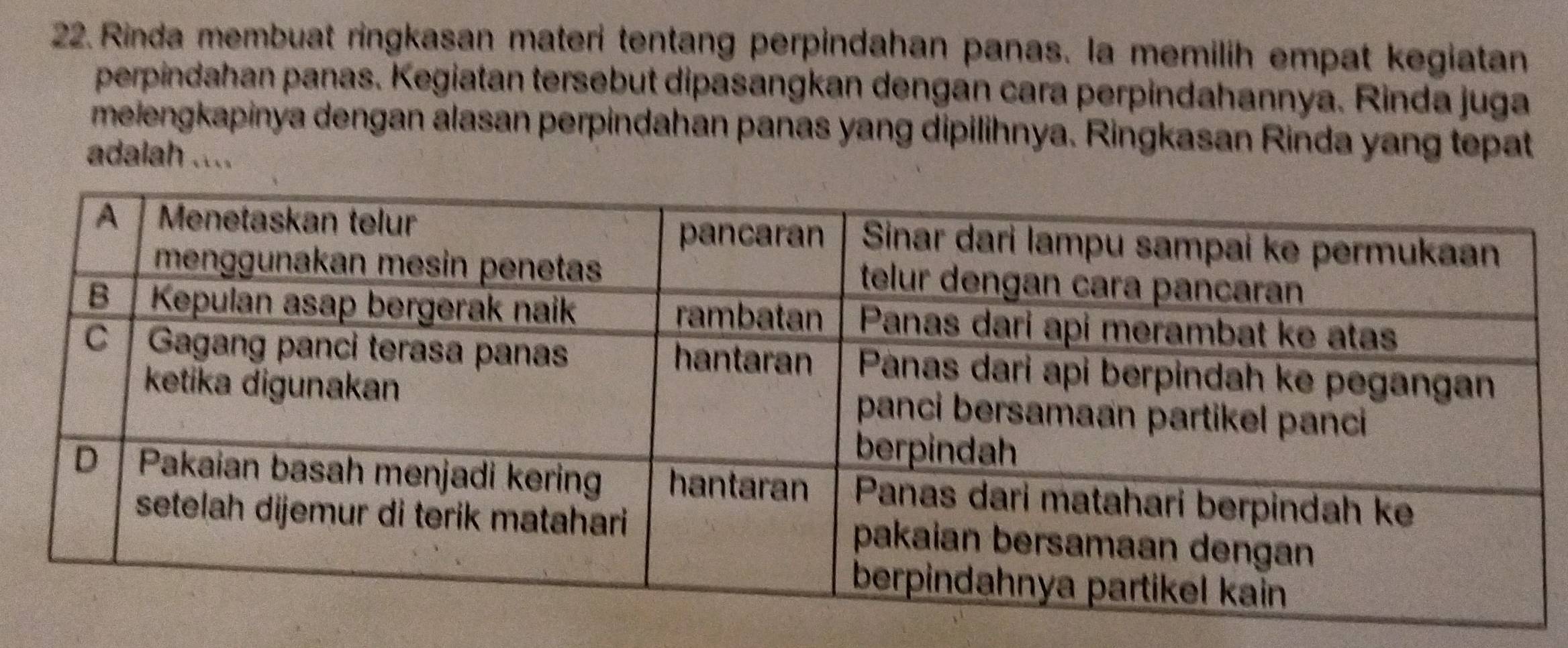 Rinda membuat ringkasan materi tentang perpindahan panas. la memilih empat kegiatan 
perpindahan panas. Kegiatan tersebut dipasangkan dengan cara perpindahannya. Rinda juga 
melengkapinya dengan alasan perpindahan panas yang dipilihnya. Ringkasan Rinda yang tepat 
adalah ....